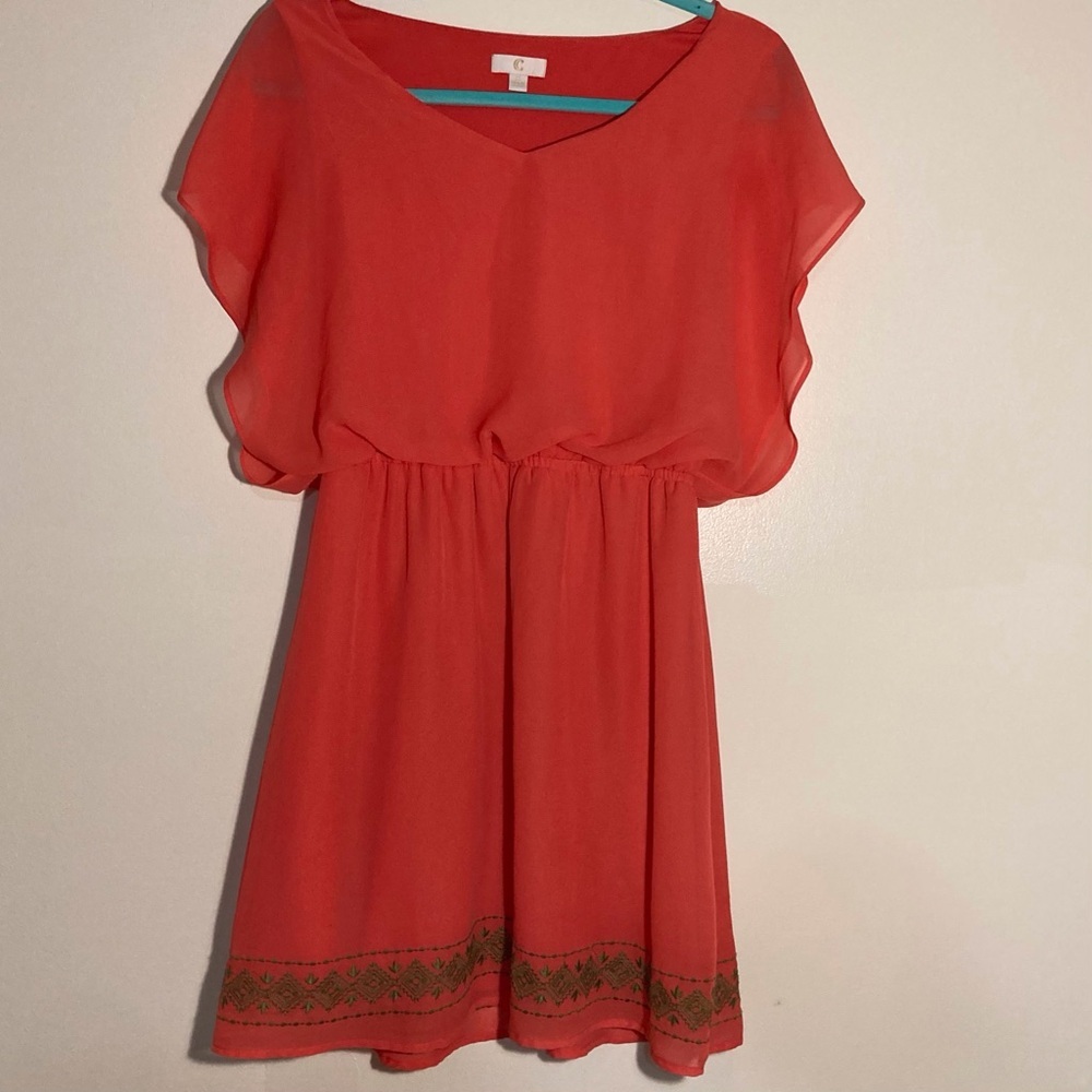 C Label Coral Chiffon Dress w/ Embroidered Detail at Hem | Size S |‎ Summer